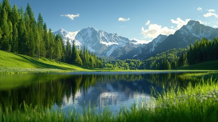 Fototapeta premium Vibrant mountain landscape with serene lake and lush greenery.