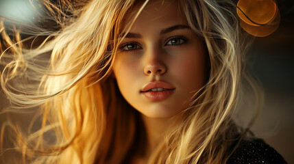 Fototapeta premium Kobieta z długimi blond włosami wygląda zachwycająco. Jej fryzura, pełna objętości i nieładnie ułożona, dodaje jej charakteru i autentyczności.