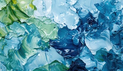 Obraz premium 青と緑の色彩が交差する絵画のテクスチャーは、海の深さを思わせる豊かな模様を描いている