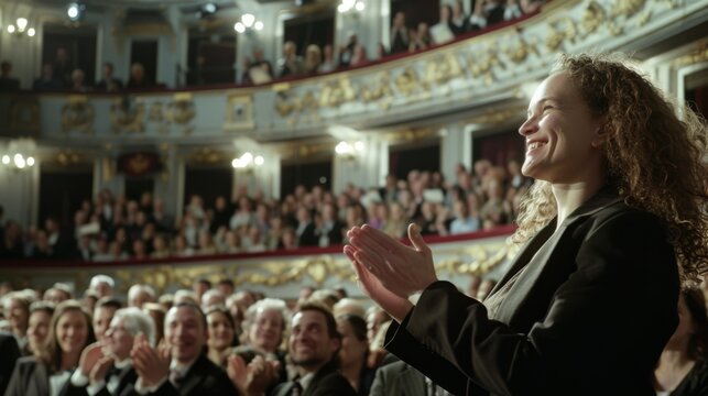 A woman stands, applauding energetically in a packed theater, her expression alive with admiration and appreciation.