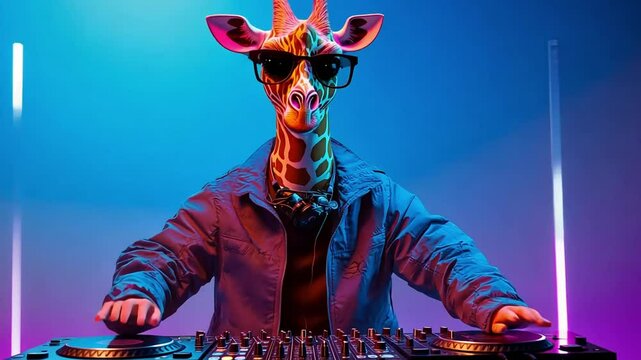 A giraffe wearing sunglasses and a blue jacket mixes music on a DJ console.