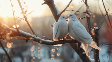 Two doves perch on a snowy branch, framed by golden sunlight, symbolizing peace and companionship as the world glows softly around them.