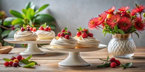 Minimalist Table Decoration with Pavlova and Pohutukawa for Elegant Events and Celebrations