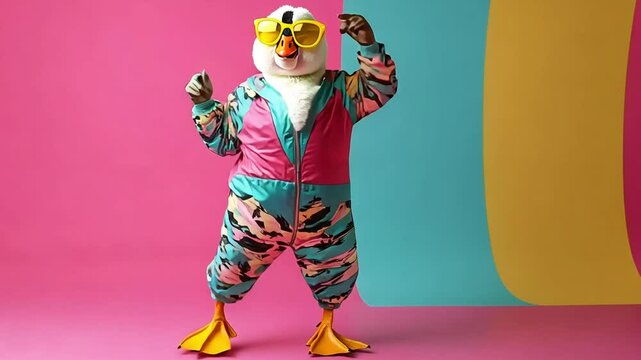 A goose wearing a colorful jumpsuit and sunglasses stands on a pink, blue and yellow background.