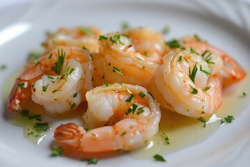 Gourmet shrimp appetizers with herbs and oil on white plate.