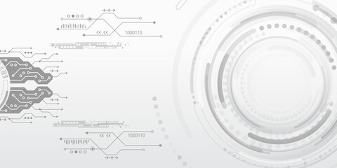Vector illustration of circuit board and circles. Abstract futuristic communication. Hi-tech grey background with various technology elements.