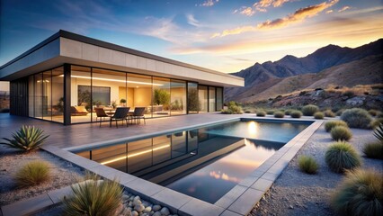 Fototapeta premium Modern Minimalist House with Pool in Desert Landscape | Architectural Design, Serenity, Luxury Living, Outdoor Space, Contemporary Home, Elegant Architecture, Warm Desert Vibes, Peaceful Retreat