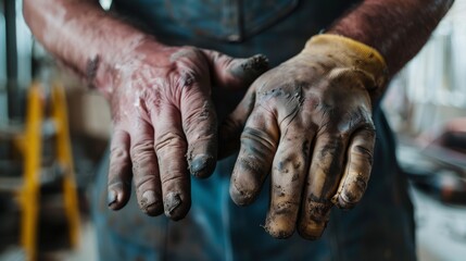 Fototapeta premium The rugged hands of a laborer, caked with dirt, tell a story of hard work and dedication amidst a blurred industrial backdrop.