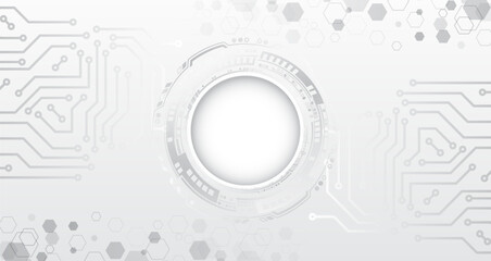 Obraz premium Hi-tech grey background with various technology elements. Vector illustration of circuit board hexagons and circles. Abstract futuristic communication.