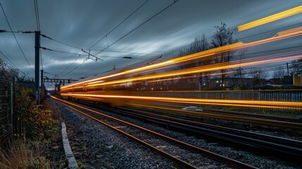 Golden yellow light trails tracing the path of a passing train creating a stunning contrast against the darkening sky.