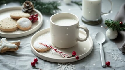 A cozy winter scene with a hot beverage, peppermint stick, and cookies on a softly lit table, surrounded by delicate decorations of snowflakes and pine.