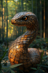 Naklejka premium A majestic Wooden Snake with intricate patterns engraved into its scales, slithering through a lush forest of bamboo, symbolizing harmony, growth, and elegance,