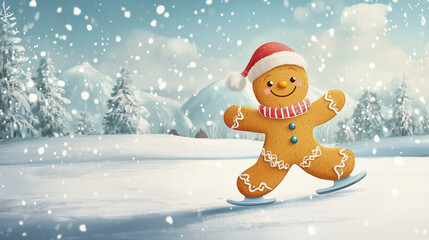 Gingerbread man ice skating in snowy winter landscape