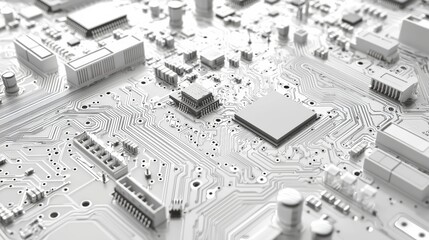 Close-up view of a detailed, white circuit board showcasing various components and pathways for electronic connections.