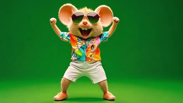 A happy cartoon mouse wearing sunglasses and a Hawaiian shirt stands with arms raised in the air, against a green background.