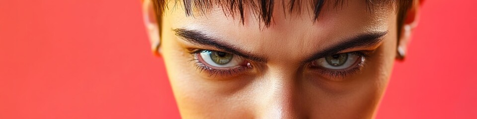 Obraz premium Intense gaze of woman with striking eyes against red