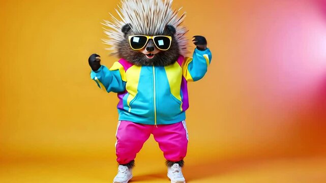 A hedgehog wearing 90s-style clothing and sunglasses poses in a dance stance against a yellow background.
