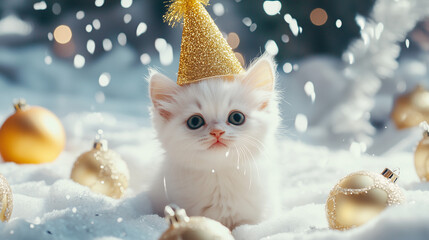 White kitten in a gold party hat with Christmas ornaments
