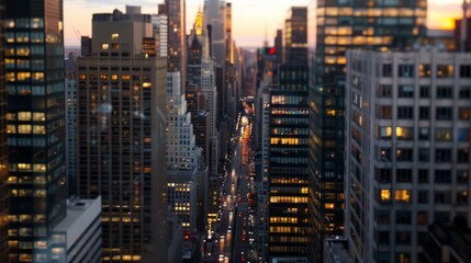 A vibrant cityscape at dusk, with glistening skyscrapers and lively streets, encapsulating the energy and allure of urban life.