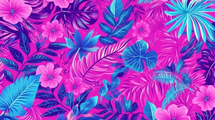 Vibrant floral pattern featuring tropical plants and flowers on a bold pink background.
