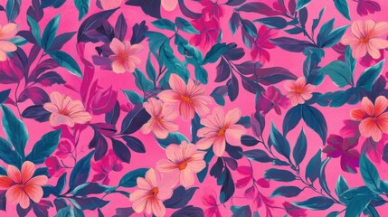 Vibrant tropical floral pattern with bold pink and blue hues, featuring exotic flowers and leafy greenery.