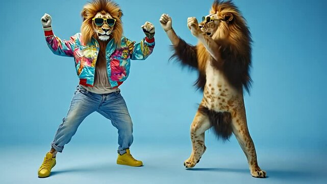 A lion in sunglasses and a colorful jacket high fives a real lion on a blue background.