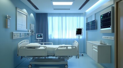 Close up view of the interior of a patient room in a modern hospital. Ai generated image