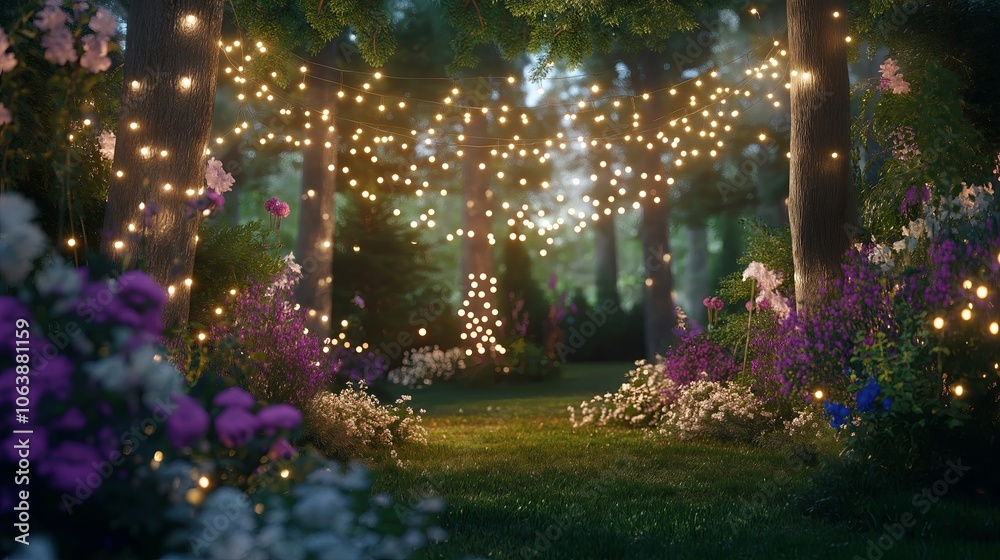 Poster a whimsical forest scene with twinkling fairy lights strung between the trees