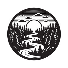 River winding through forest silhouette vector art like the logo black color design and solid white background 