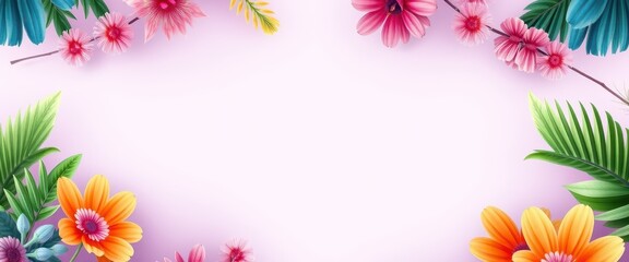 Obraz premium Pink and Orange Flowers with Green Leaves on a Pastel Pink Background