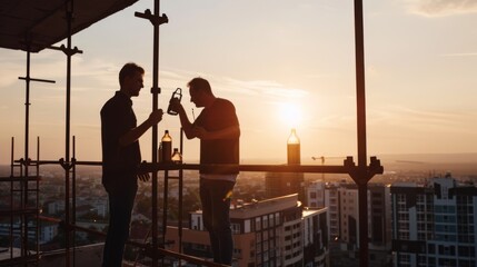 Two workers on a scaffold toast with drinks, sharing camaraderie amidst an awe-inspiring sunset over the city skyline.