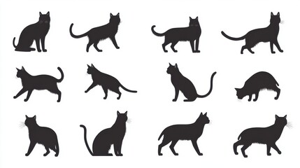Obraz premium Silhouettes of various cats showcasing different poses and attitudes on a light background.