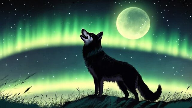 A lone wolf howls at the moon under a green aurora borealis.