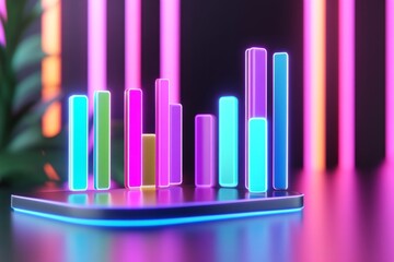 Obraz premium Futuristic holographic business analytics display with neon colors in a modern workspace