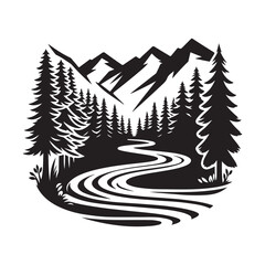 River winding through forest silhouette vector art like the logo black color design and solid white background 