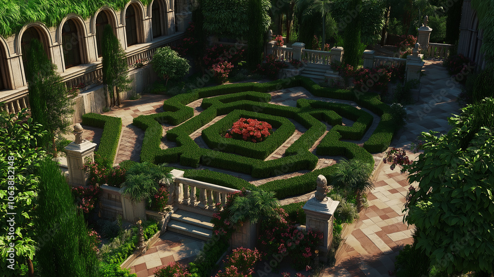 Poster An overhead view of a perfectly trimmed maze garden with intricate pathways
