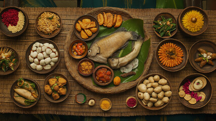 A stunning overhead shot of a traditional Magh Bihu feast spread on a woven mat