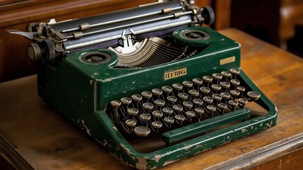 An old-fashioned typewriter sitting on a rustic wooden table.