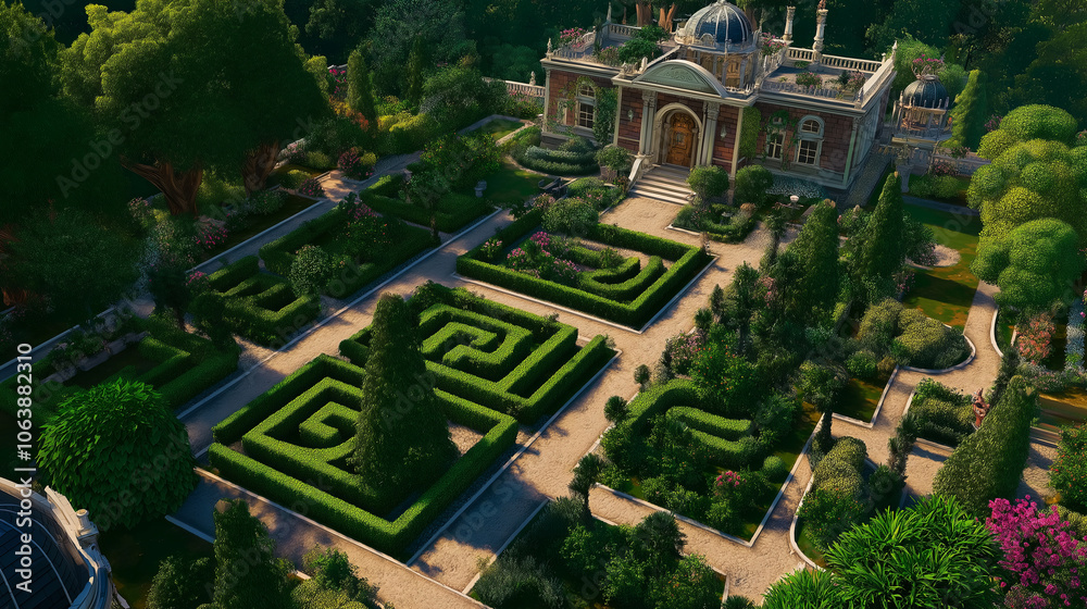 Poster An overhead view of a perfectly trimmed maze garden with intricate pathways