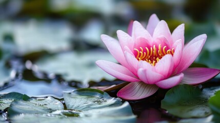 Close up view of pink lotus flower in pond. Copy space background. Ai generated image