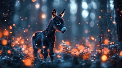 A small black donkey stands in a magical forest lit by glowing fireflies.
