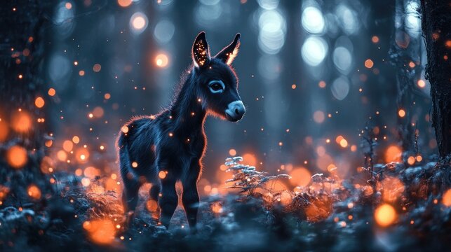 A small black donkey stands in a magical forest lit by glowing fireflies.