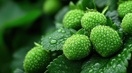 Unripe strawberries glisten with dew on lush green leaves, signaling growth and freshness, AI