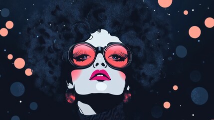 A stylized portrait of a woman with an afro hairstyle, wearing oversized sunglasses against a dark backdrop.