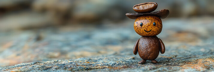 A simple coffee bean man with a tiny hat made of a single bean cut in half, standing on a plain surface, emphasizing creativity and a whimsical aesthetic,