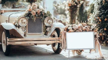 A vintage car adorned with flowers, set for a wedding or special event.