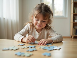 Young Girl Working on a Colorful Jigsaw Puzzle at a Wooden Table in a Bright, Sunlit Room on a Cozy Afternoon