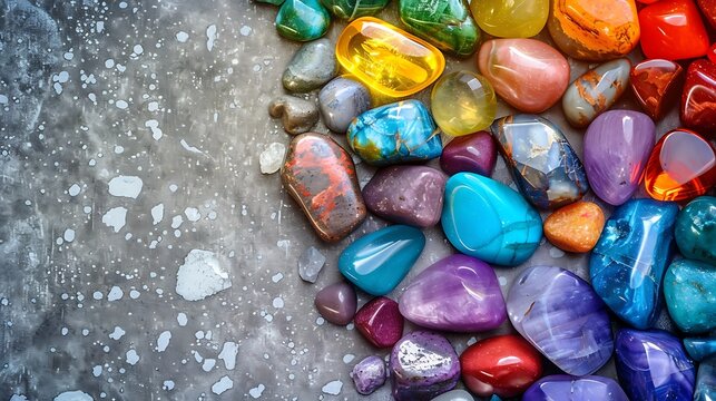 Colorful gemstones arranged for chakra therapy, set against a calming background, evoking themes of metaphysical healing, meditation, and stress relief.
