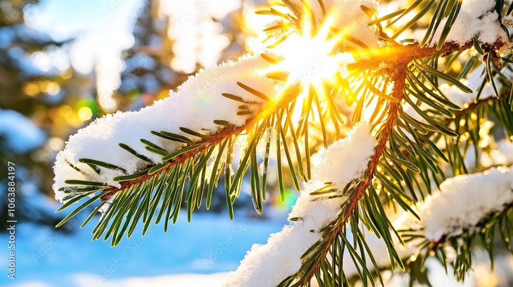 Poster close-up of snow-covered pine branches with sunlight filtering through
