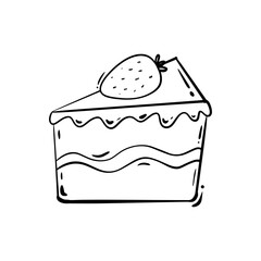 Doodle pie cake with strawberry topping hand drawn outline  vector illustration. Black line on a white background